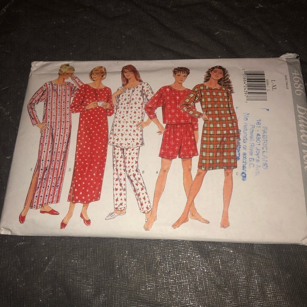 Misses Pajamas Top, Shorts, Pants, Nightshirt Butterick Sewing Pattern 4686.